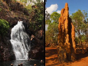 Termite mounds and waterfalls in Kakadu National park Termite mounds and waterfalls in Kakadu National park